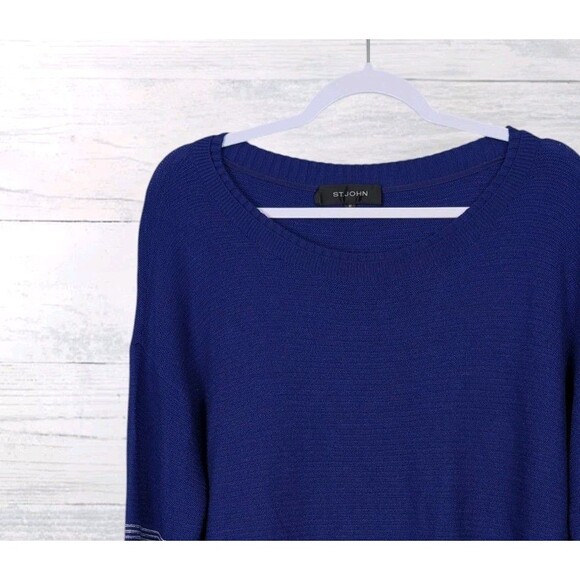 St. John Indigo Stripe Links Knit Asymmetrical Sweater Silk Wool Cashmere- M - Picture 6 of 10
